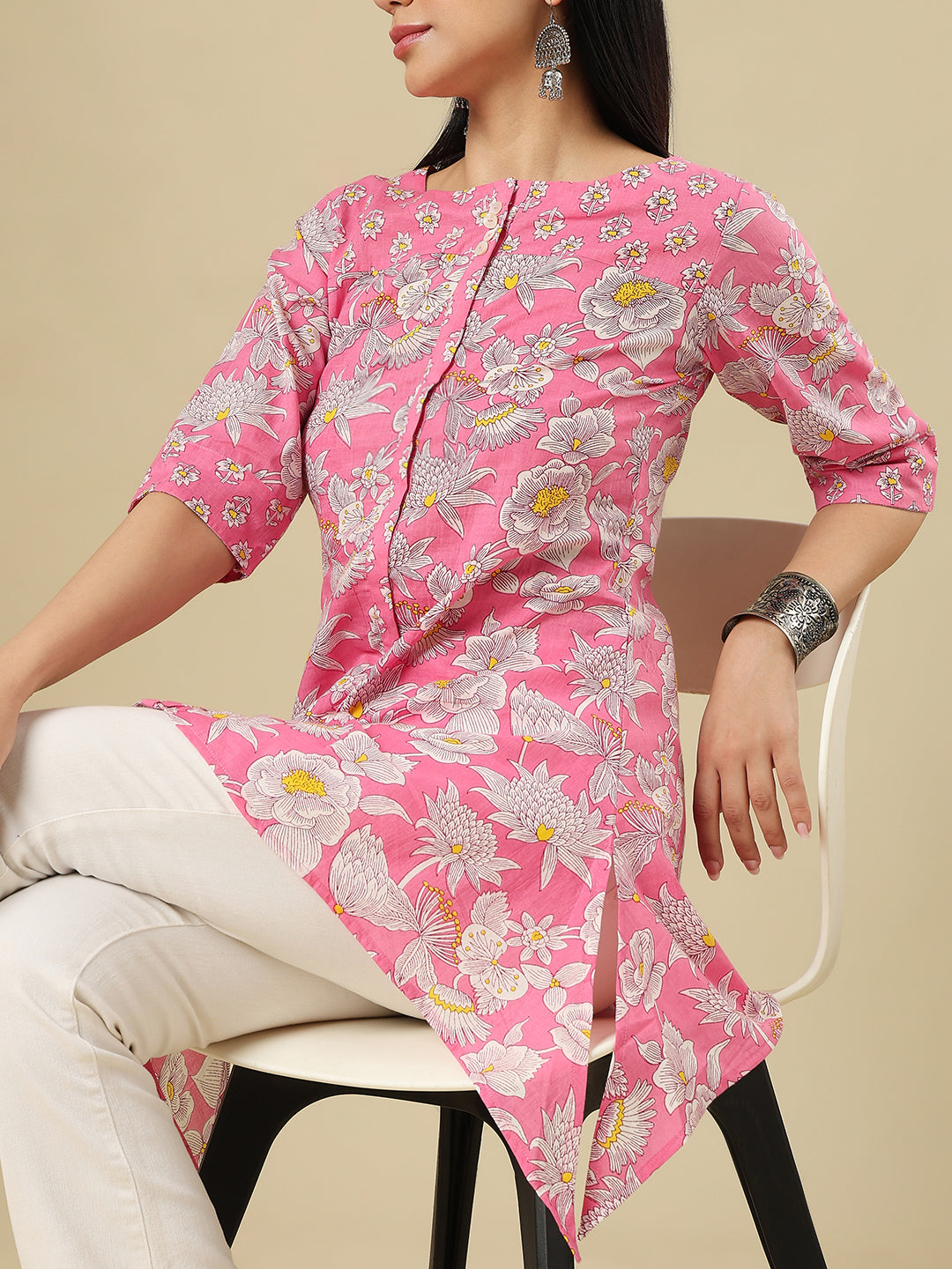 Pink Pure Cotton Hand Block Printed Short Kurti
