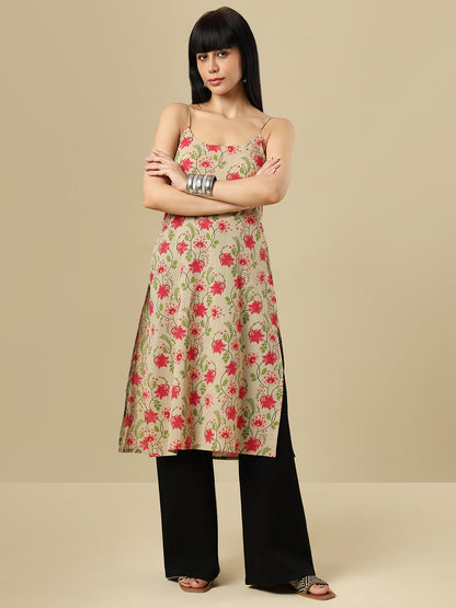 Beige Pure Cotton Hand block Printed Kurti