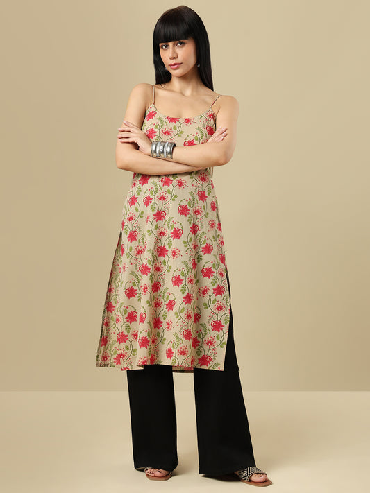 Beige Pure Cotton Hand block Printed Kurti
