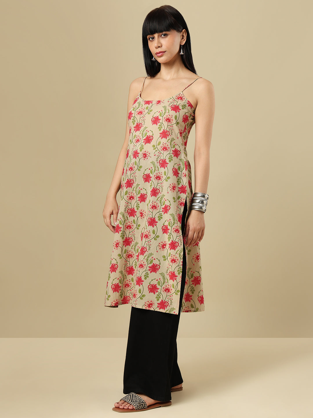 Beige Pure Cotton Hand block Printed Kurti