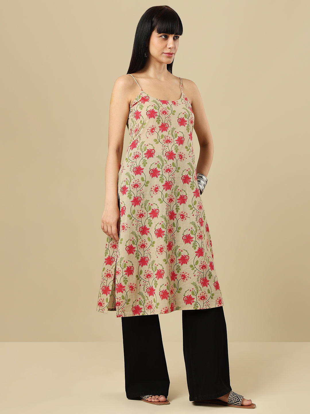 Beige Pure Cotton Hand block Printed Kurti