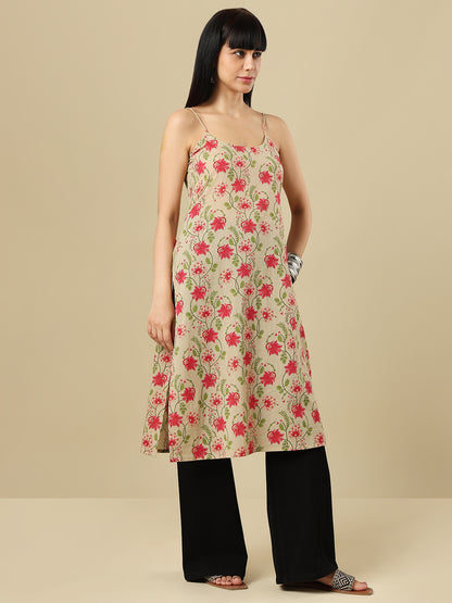 Beige Pure Cotton Hand block Printed Kurti