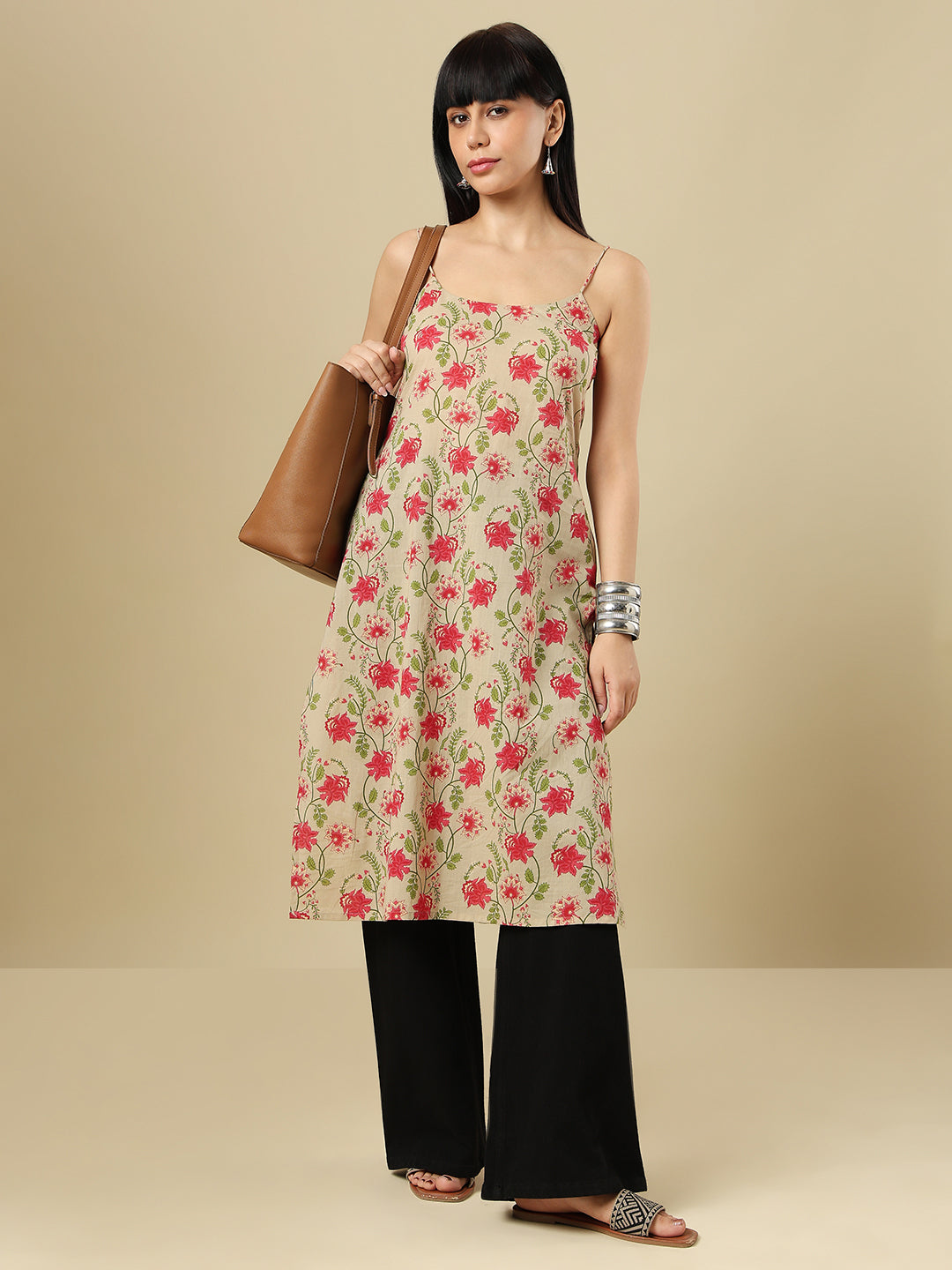 Beige Pure Cotton Hand block Printed Kurti