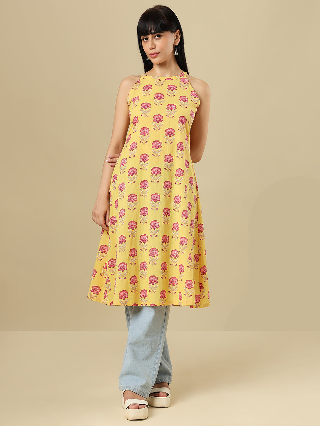 Yellow Pure Cotton Hand Block Printed Halter Neck Kurti