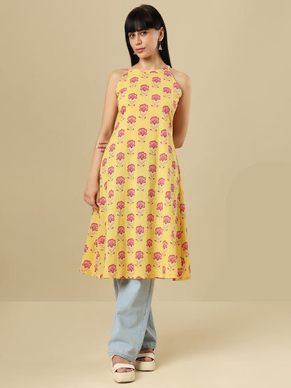 Yellow Pure Cotton Hand Block Printed Halter Neck Kurti