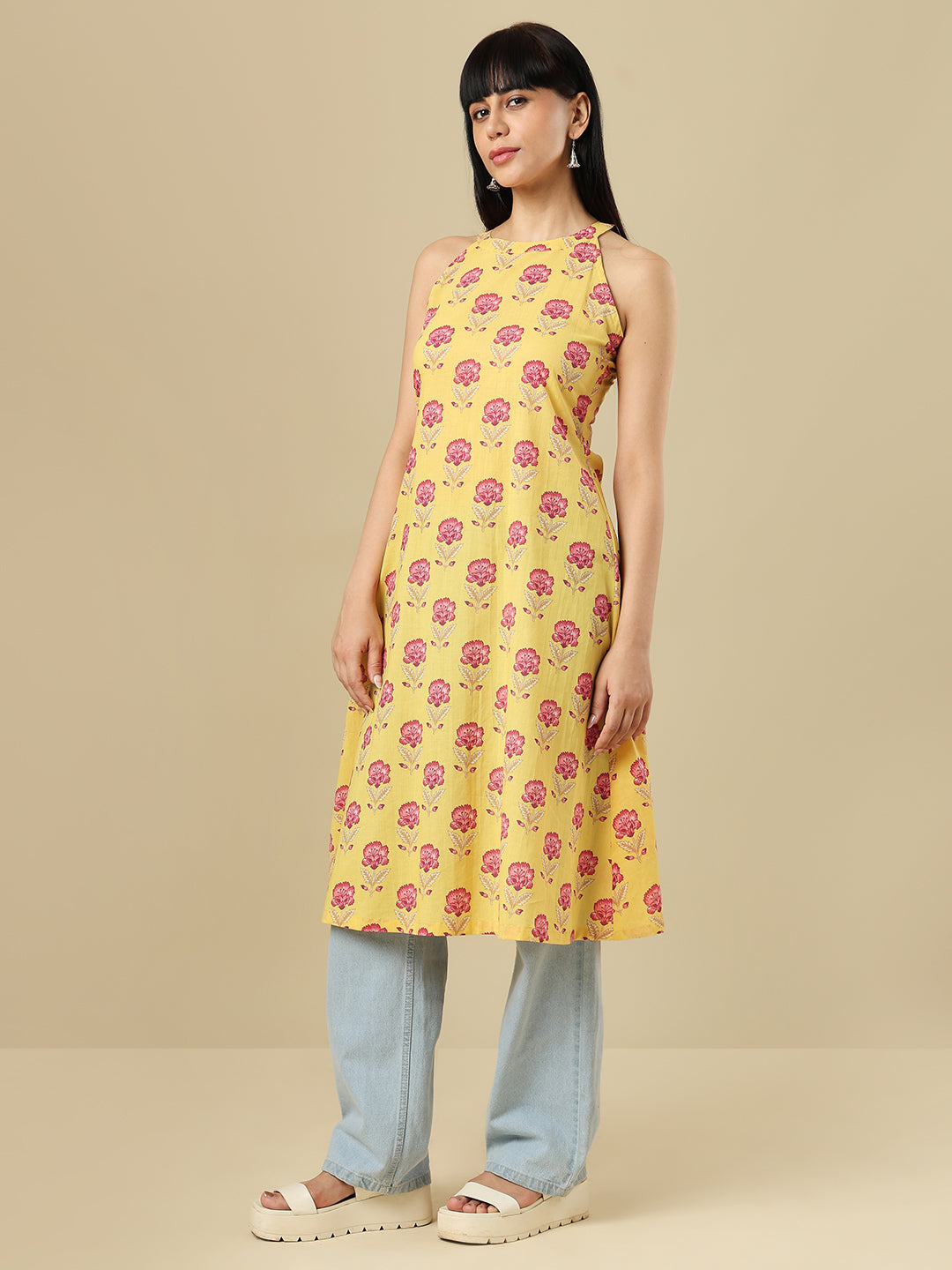 Yellow Pure Cotton Hand Block Printed Halter Neck Kurti