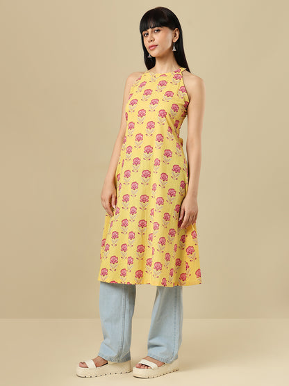 Yellow Pure Cotton Hand Block Printed Halter Neck Kurti