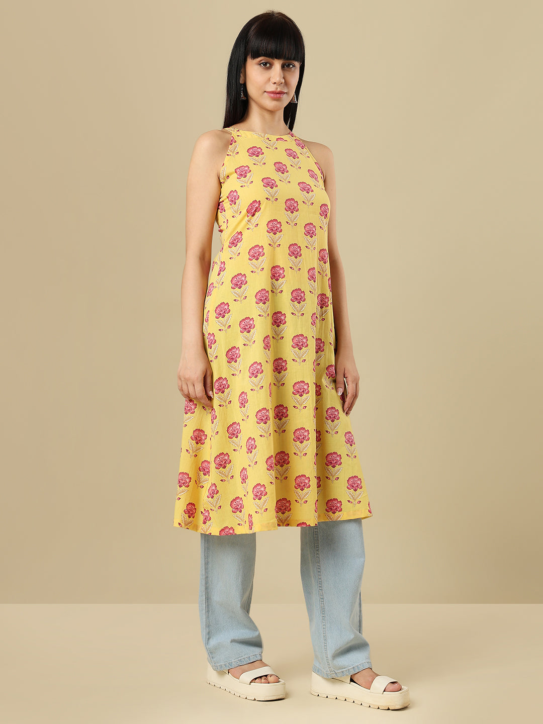 Yellow Pure Cotton Hand Block Printed Halter Neck Kurti