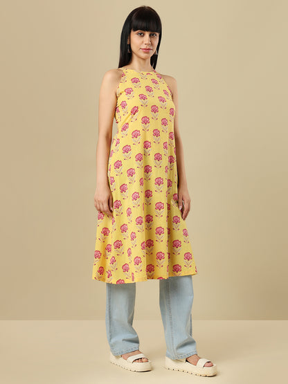 Yellow Pure Cotton Hand Block Printed Halter Neck Kurti