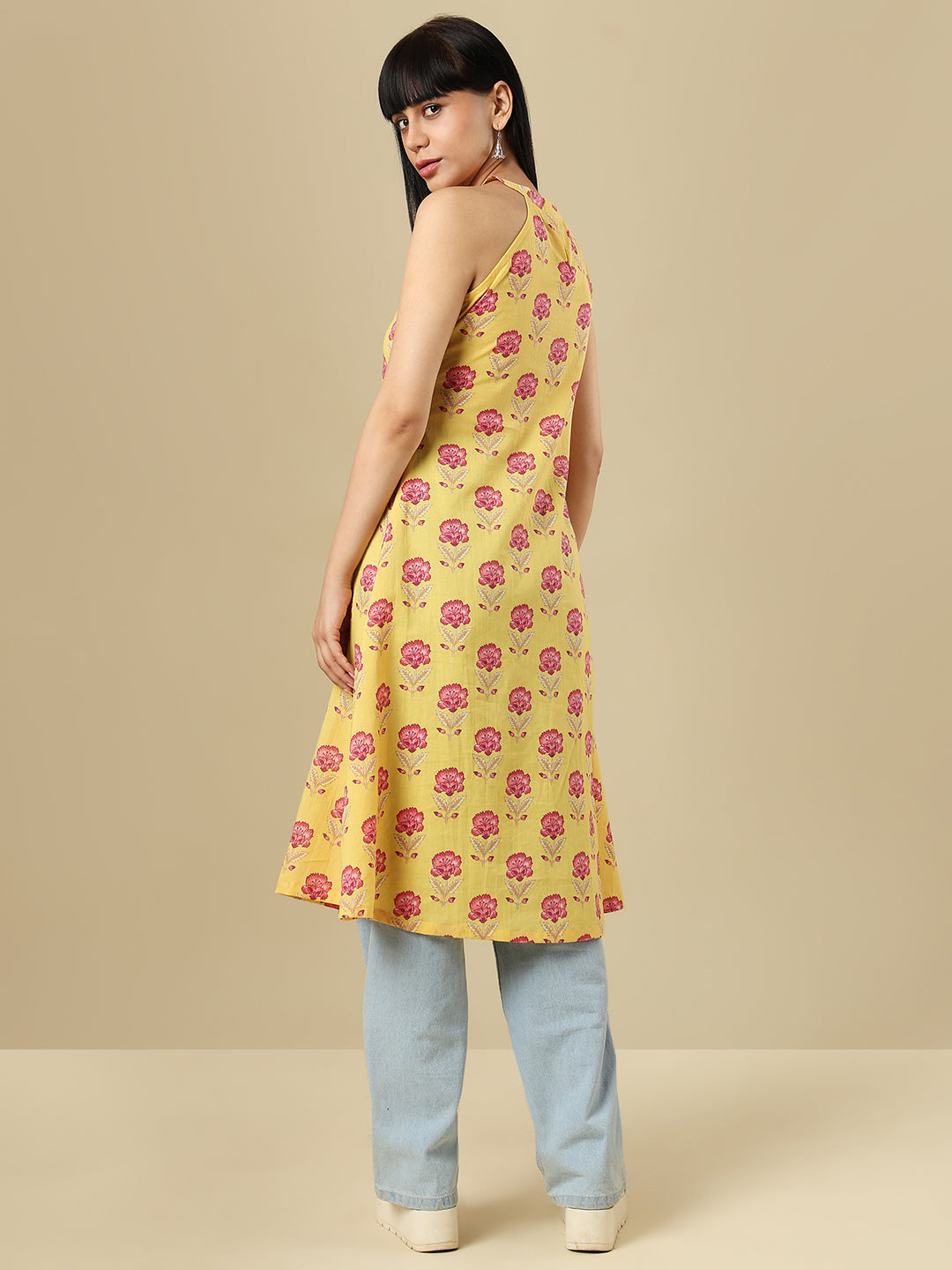 Yellow Pure Cotton Hand Block Printed Halter Neck Kurti