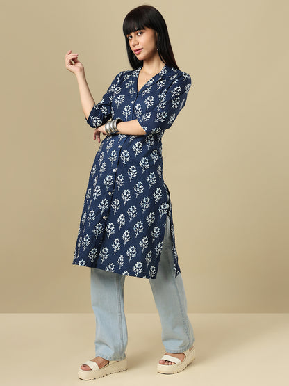 Indigo Pure Cotton Hand Block Printed Kurti