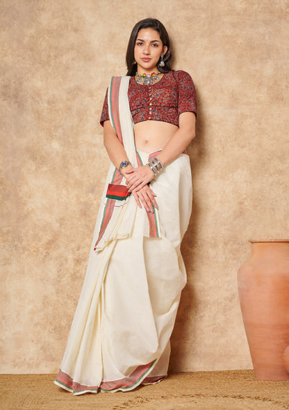 Maroon Hand Block Printed Ajrakh Pure Cotton Round Neck Readymade Blouse