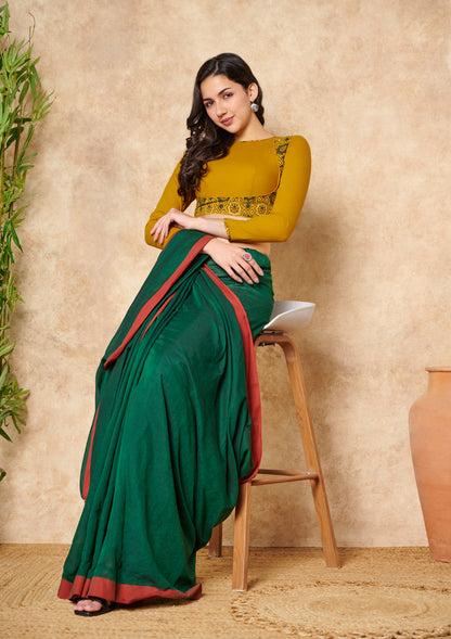 Yellow Hand Block Printed Ajrakh Pure Cotton Round Neck Readymade Blouse