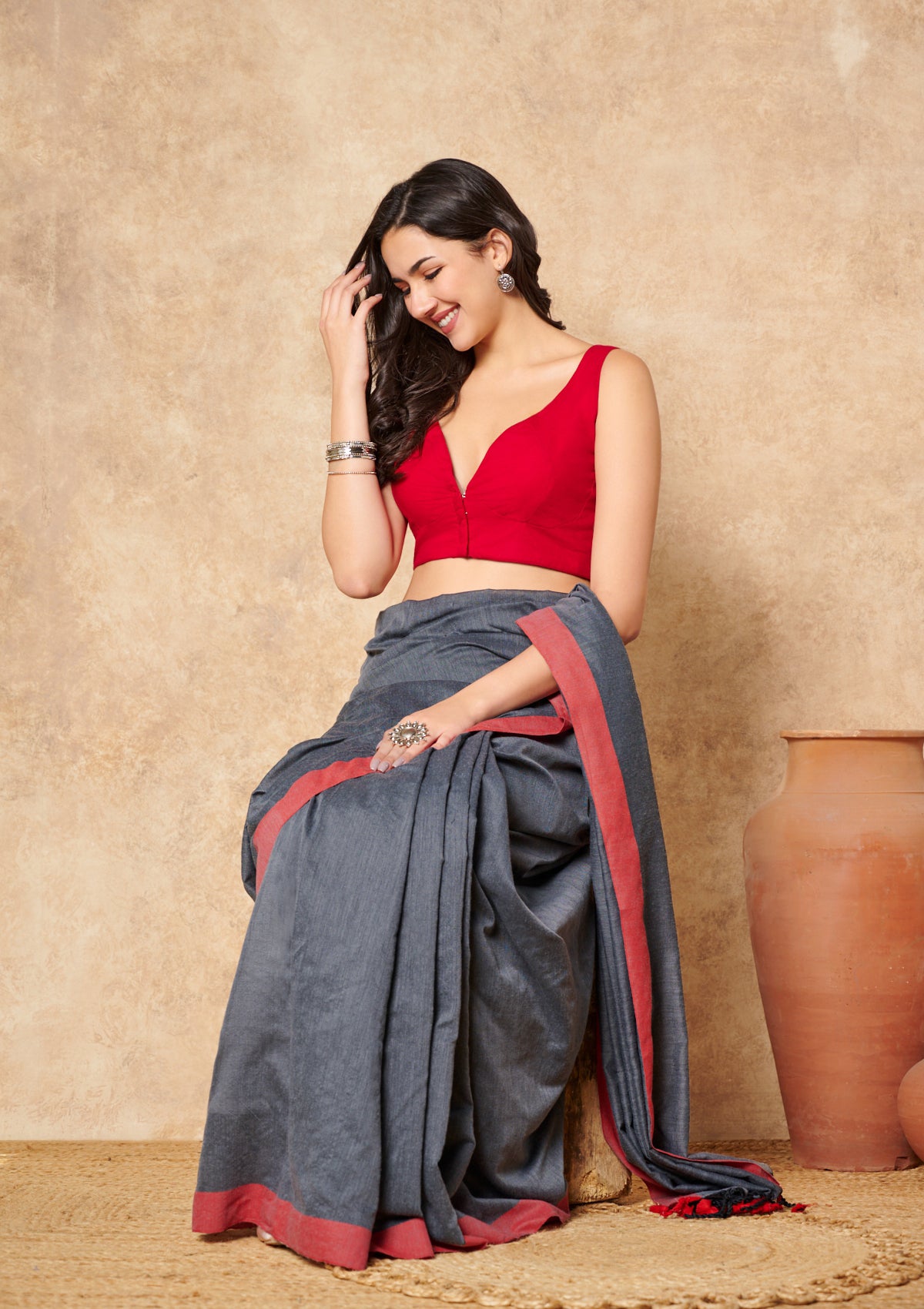 Red Pure Cotton Sleeveless Readymade Blouse