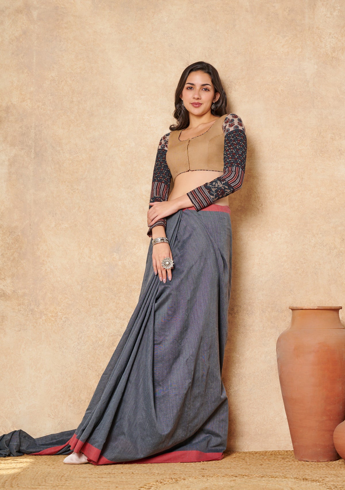 Beige Pure Cotton Readymade Blouse With Ajrakh Sleeves