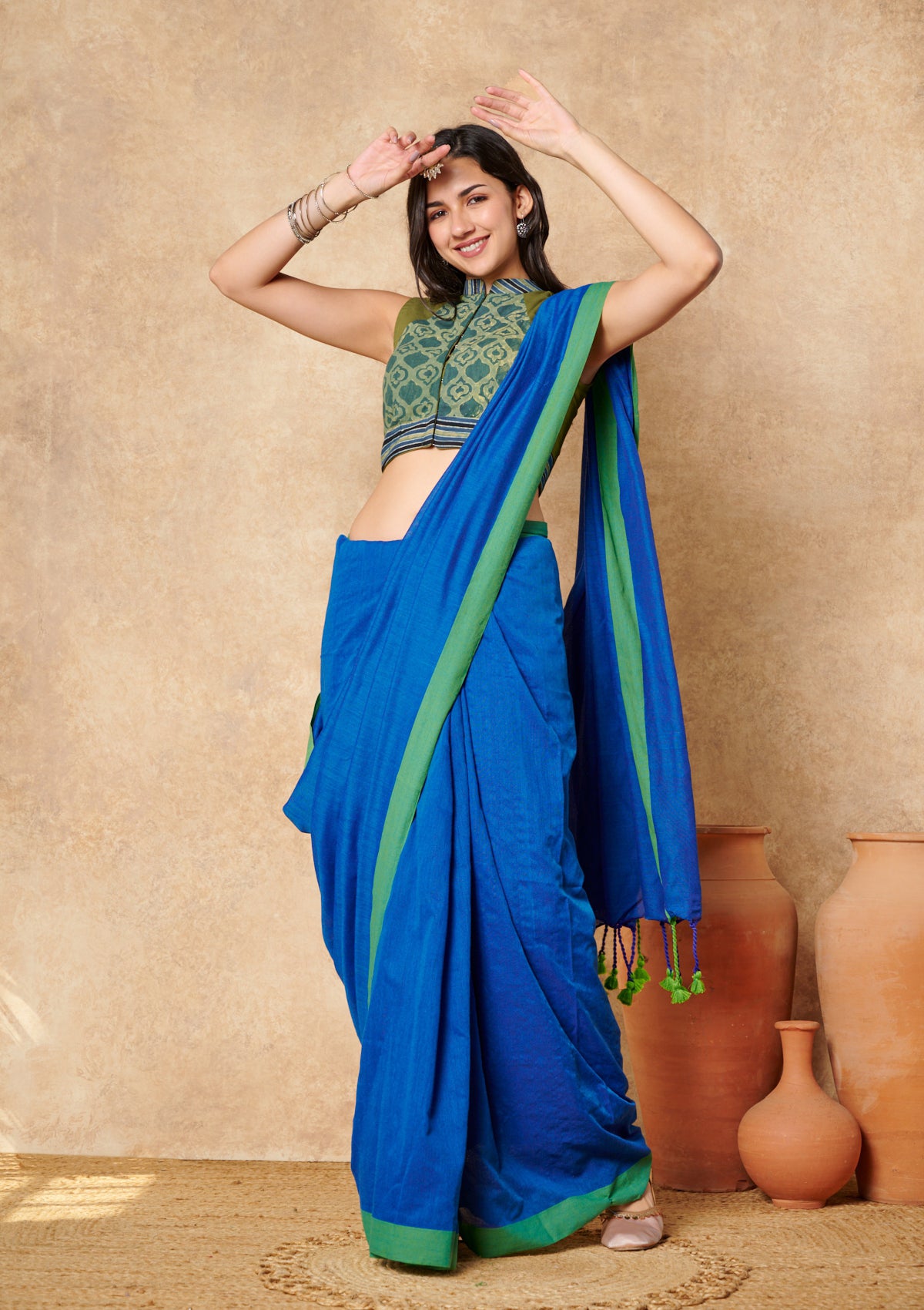 Green Batik Pure Cotton Stand Collar Readymade Blouse