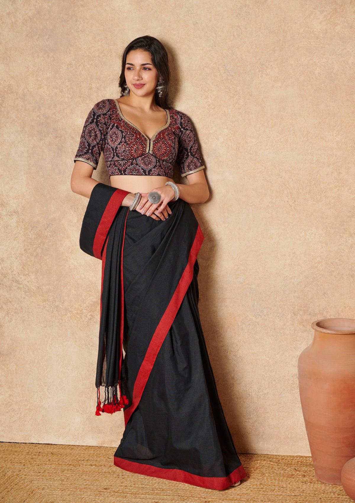 Black Hand Block Printed Ajrakh Pure Cotton Sweetheart Neck Readymade Blouse