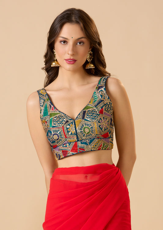 Royal Blue Georgette Sweetheart Neck Sleeveless Readymade Blouse