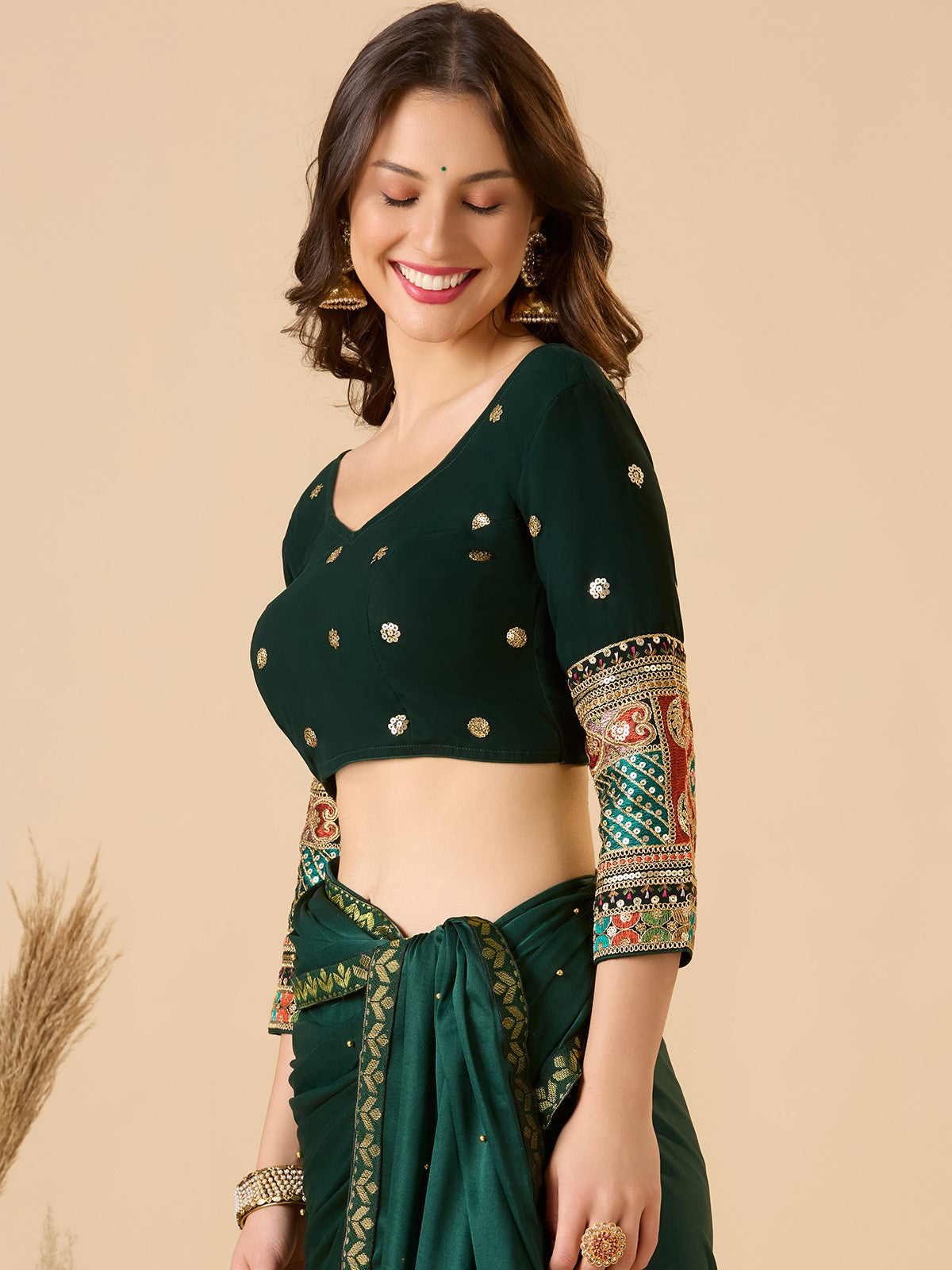 Green Georgette Sweetheart Neck Full Sleeve Readymade Blouse