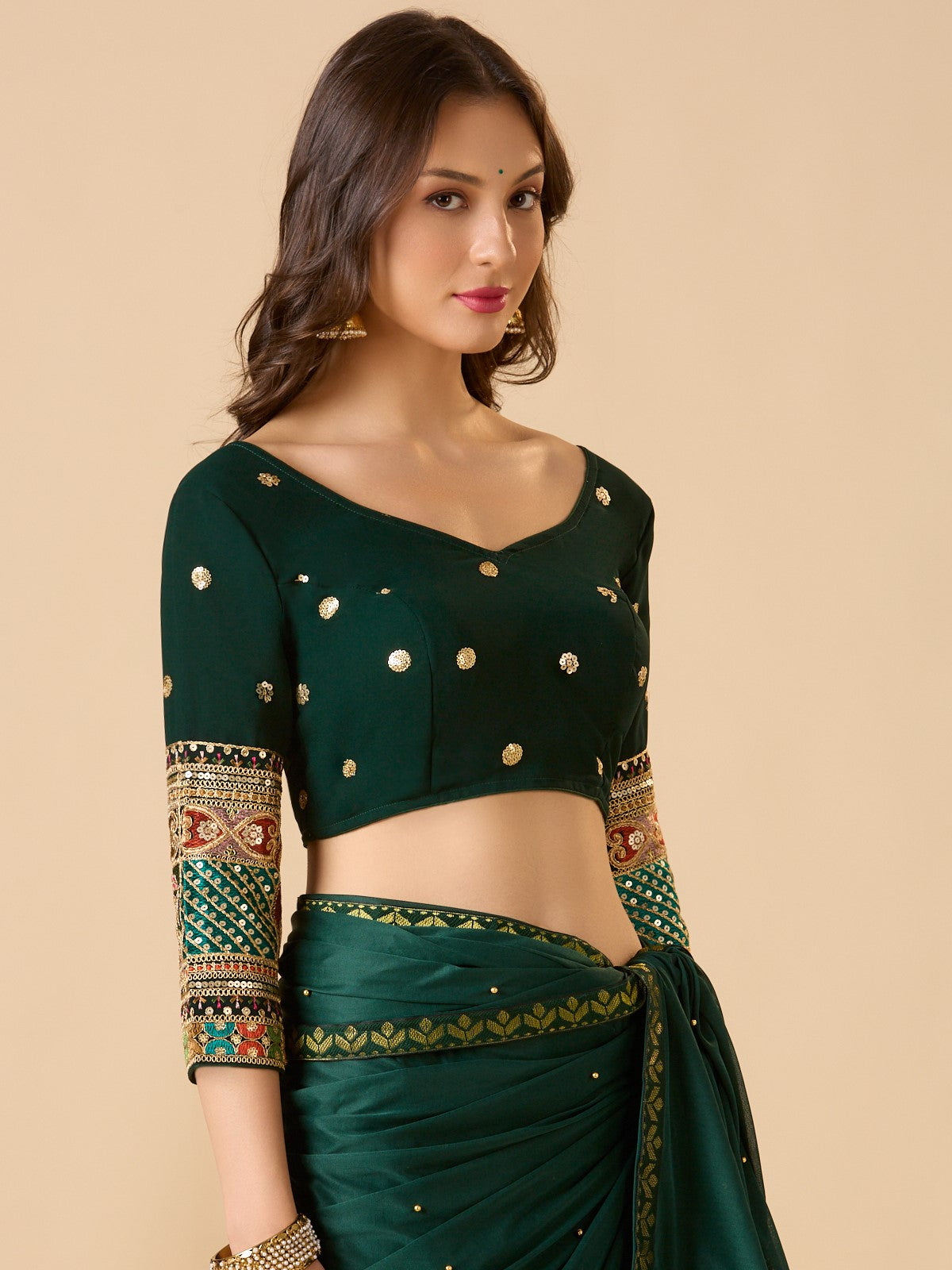 Green Georgette Sweetheart Neck Full Sleeve Readymade Blouse