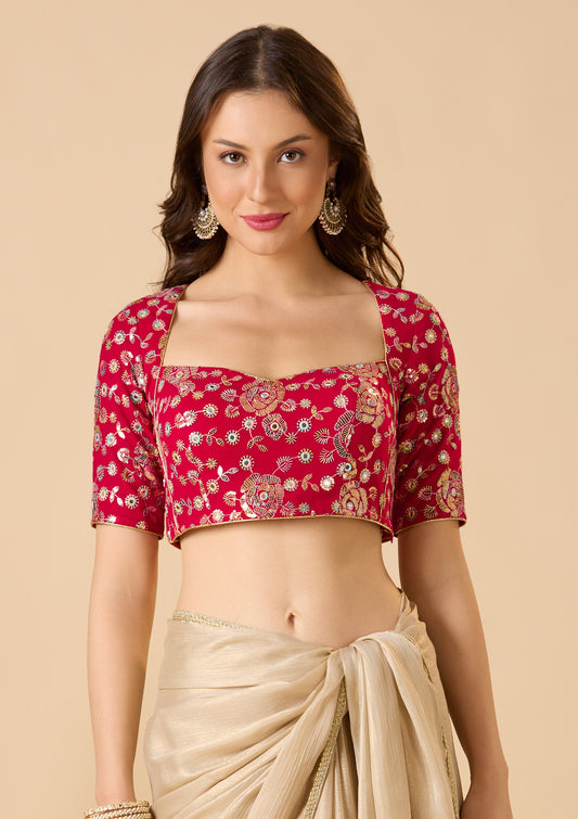 Pink Georgette Sweetheart Neck Readymade Blouse With Embellishment