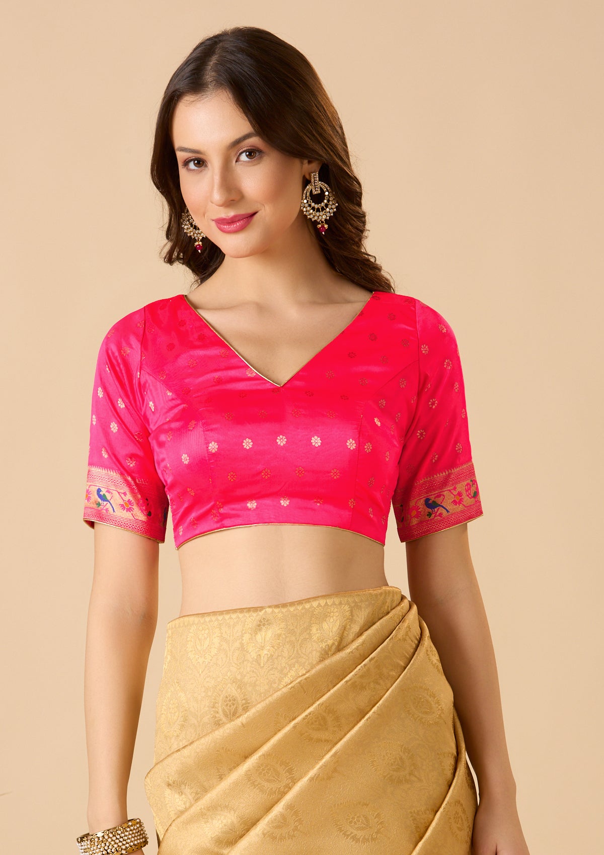Pink Paithani Silk V Neck Readymade Blouse