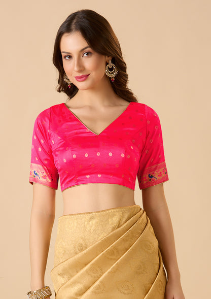 Pink Paithani Silk V Neck Readymade Blouse