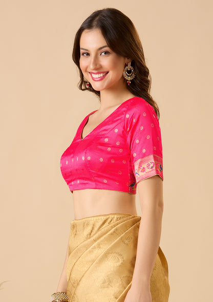 Pink Paithani Silk V Neck Readymade Blouse