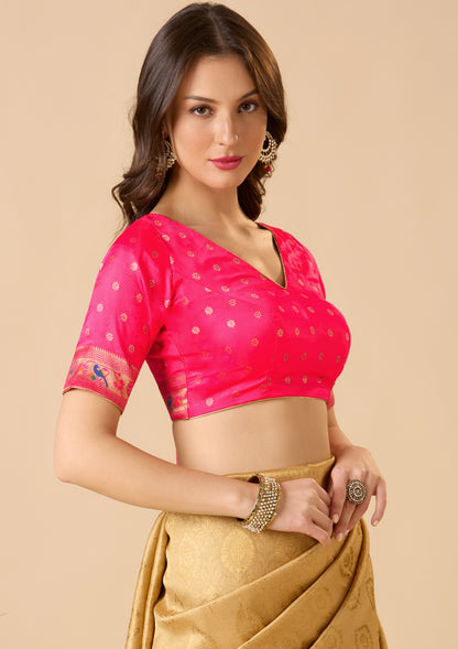 Pink Paithani Silk V Neck Readymade Blouse