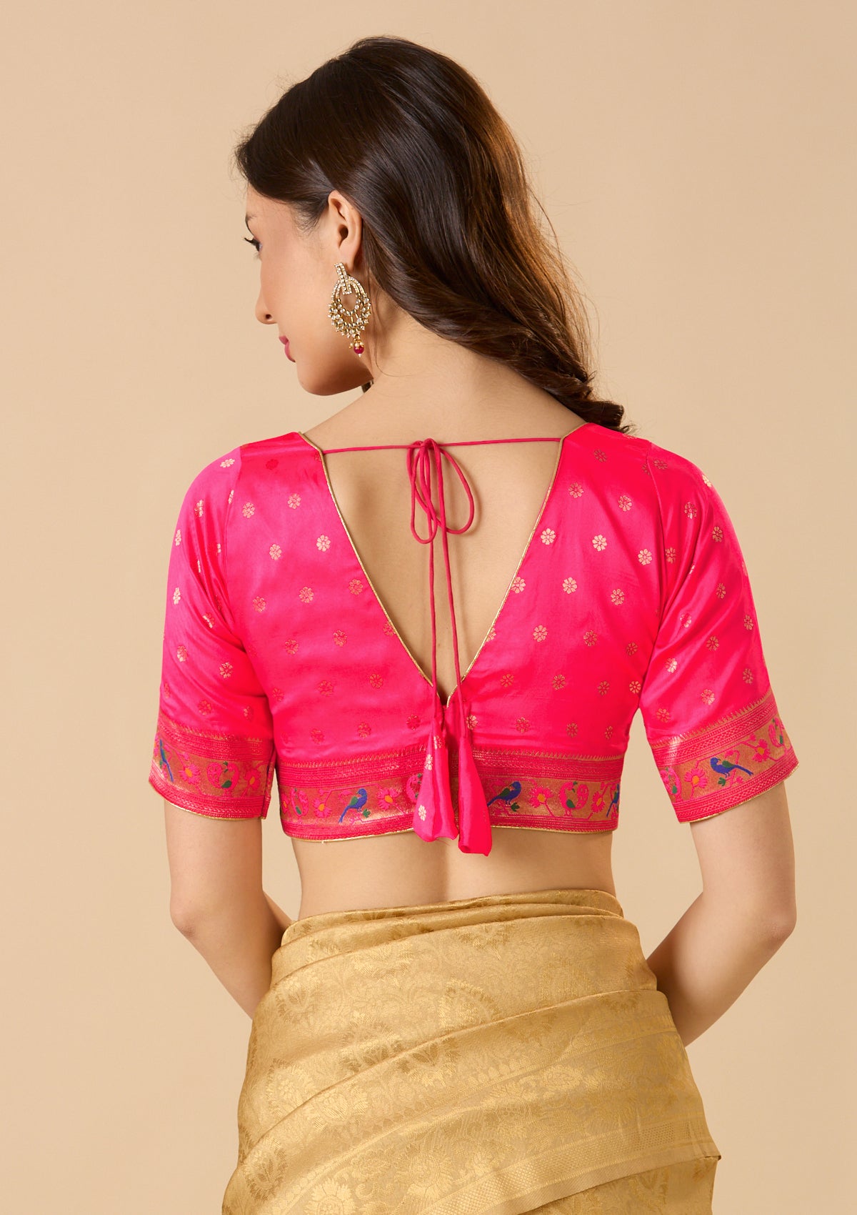 Pink Paithani Silk V Neck Readymade Blouse