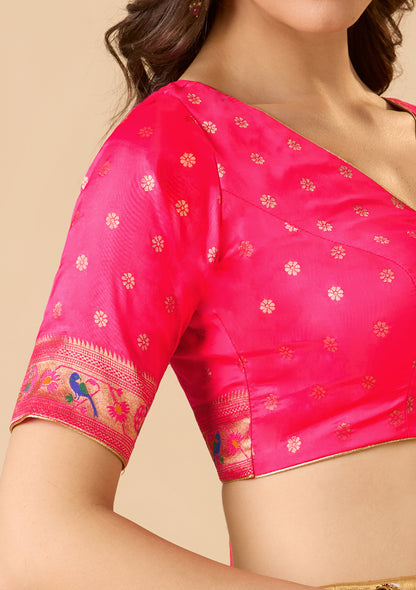 Pink Paithani Silk V Neck Readymade Blouse