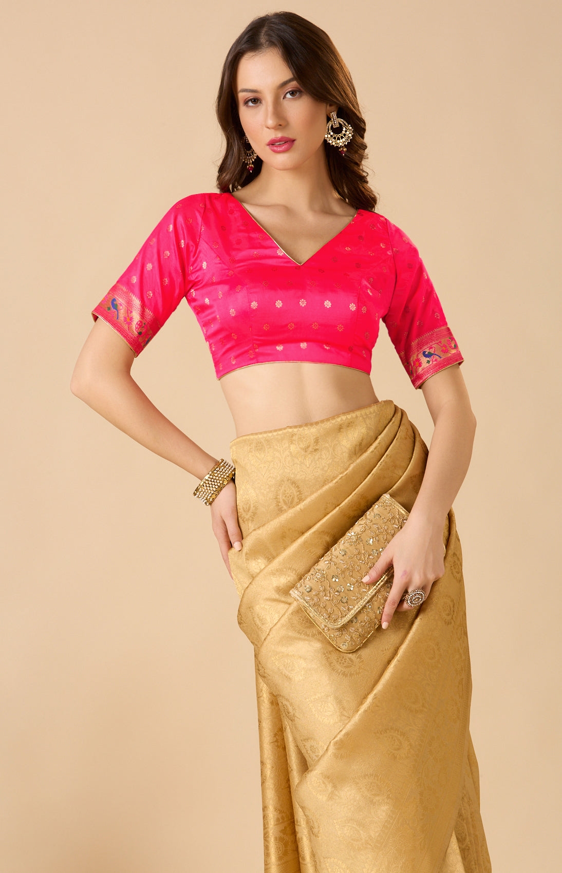 Pink Paithani Silk V Neck Readymade Blouse
