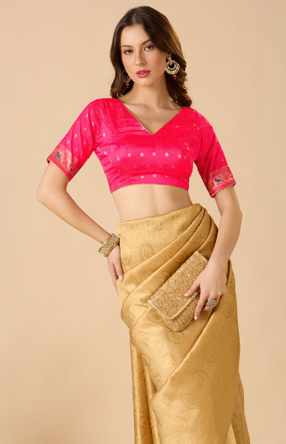 Pink Paithani Silk V Neck Readymade Blouse