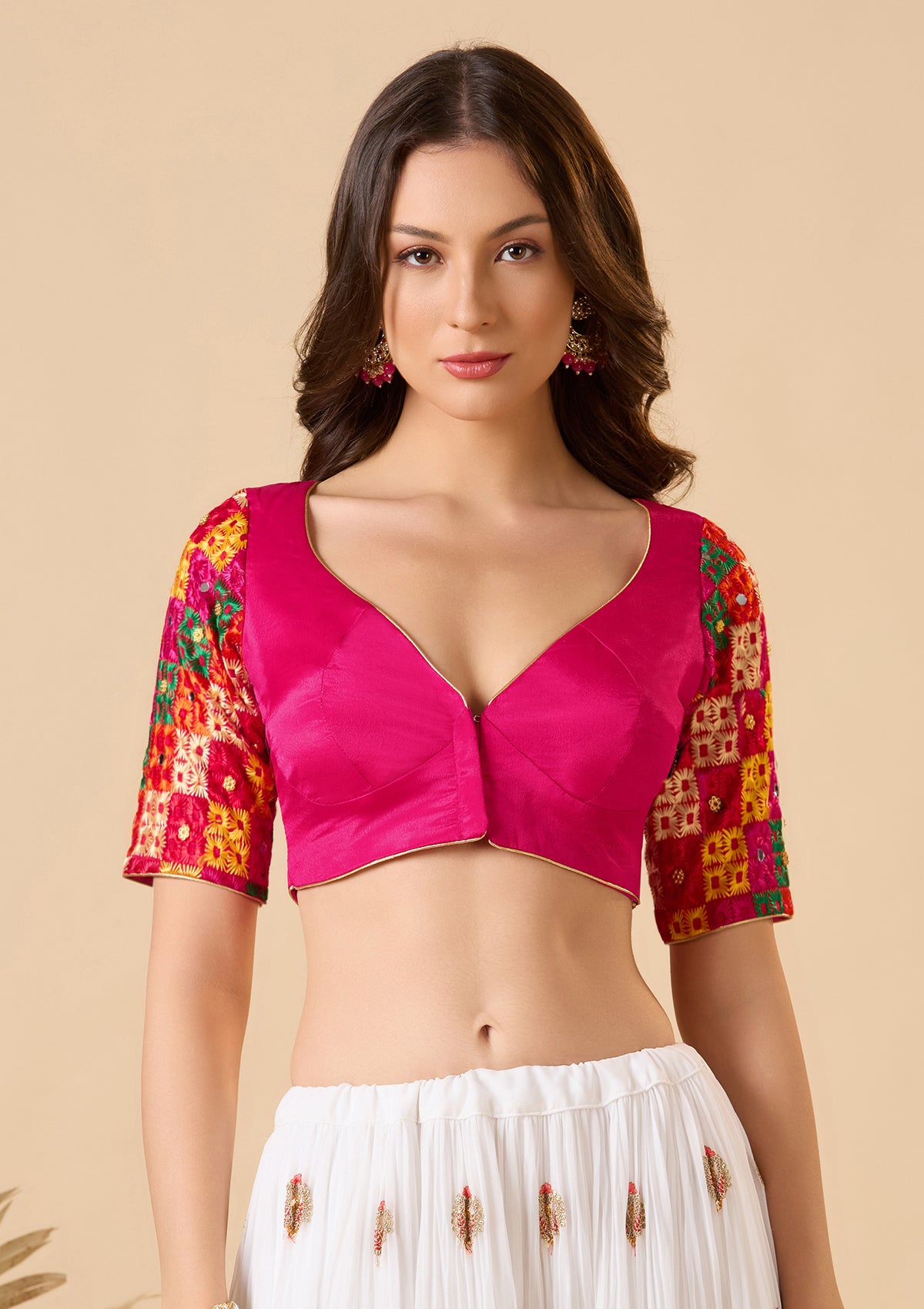 Pink Chinon Silk Sweetheart Neck Phulkari Readymade Blouse