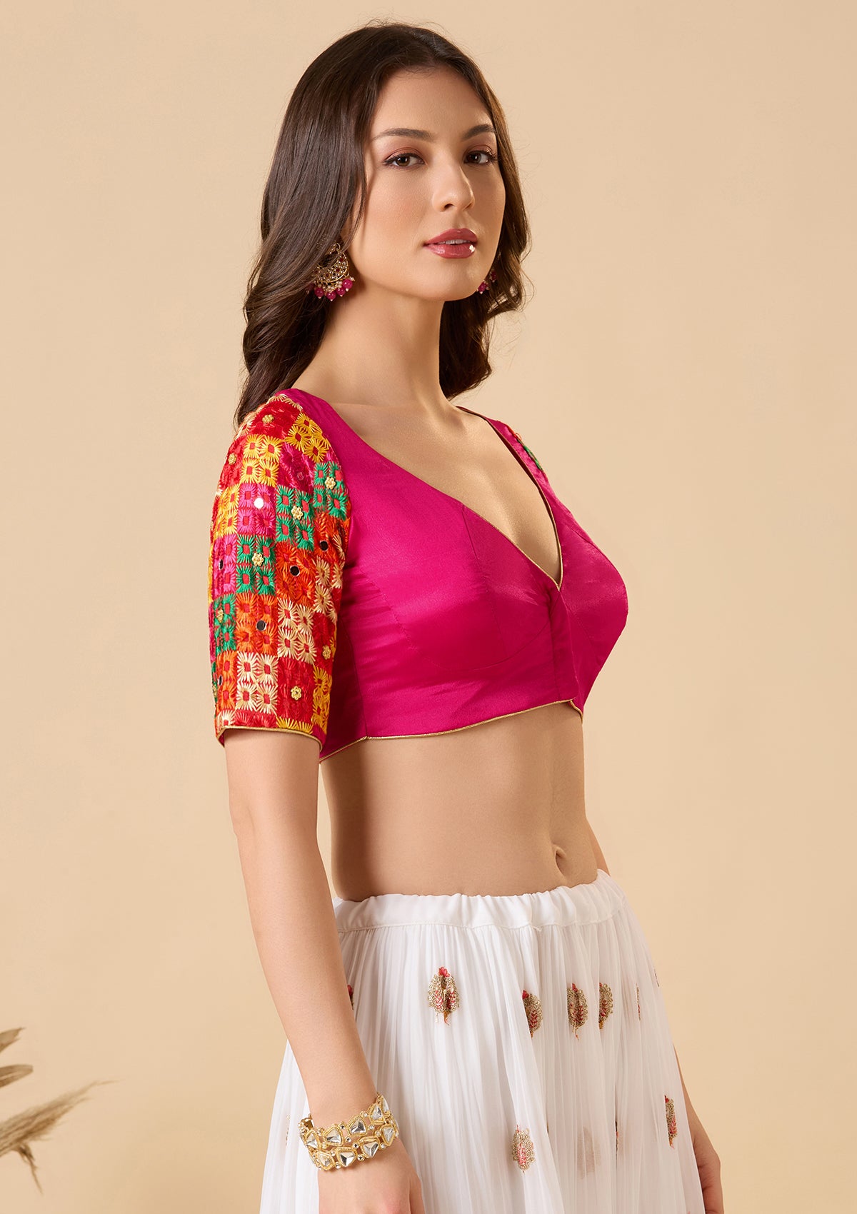 Pink Chinon Silk Sweetheart Neck Phulkari Readymade Blouse