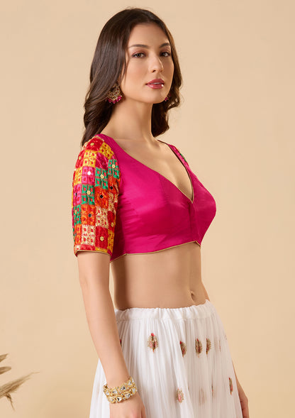 Pink Chinon Silk Sweetheart Neck Phulkari Readymade Blouse
