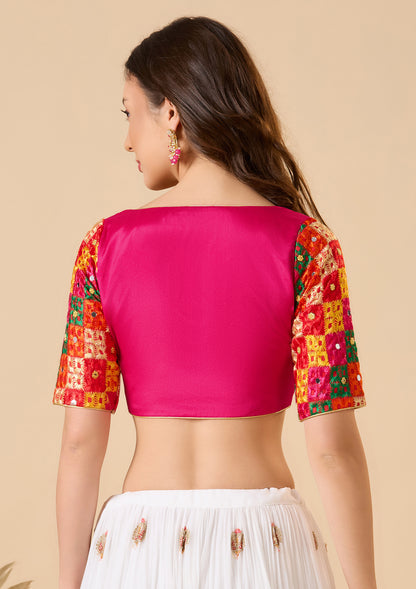 Pink Chinon Silk Sweetheart Neck Phulkari Readymade Blouse