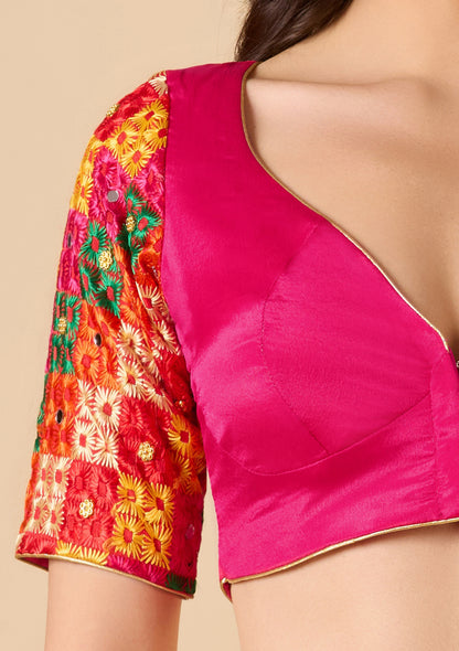 Pink Chinon Silk Sweetheart Neck Phulkari Readymade Blouse