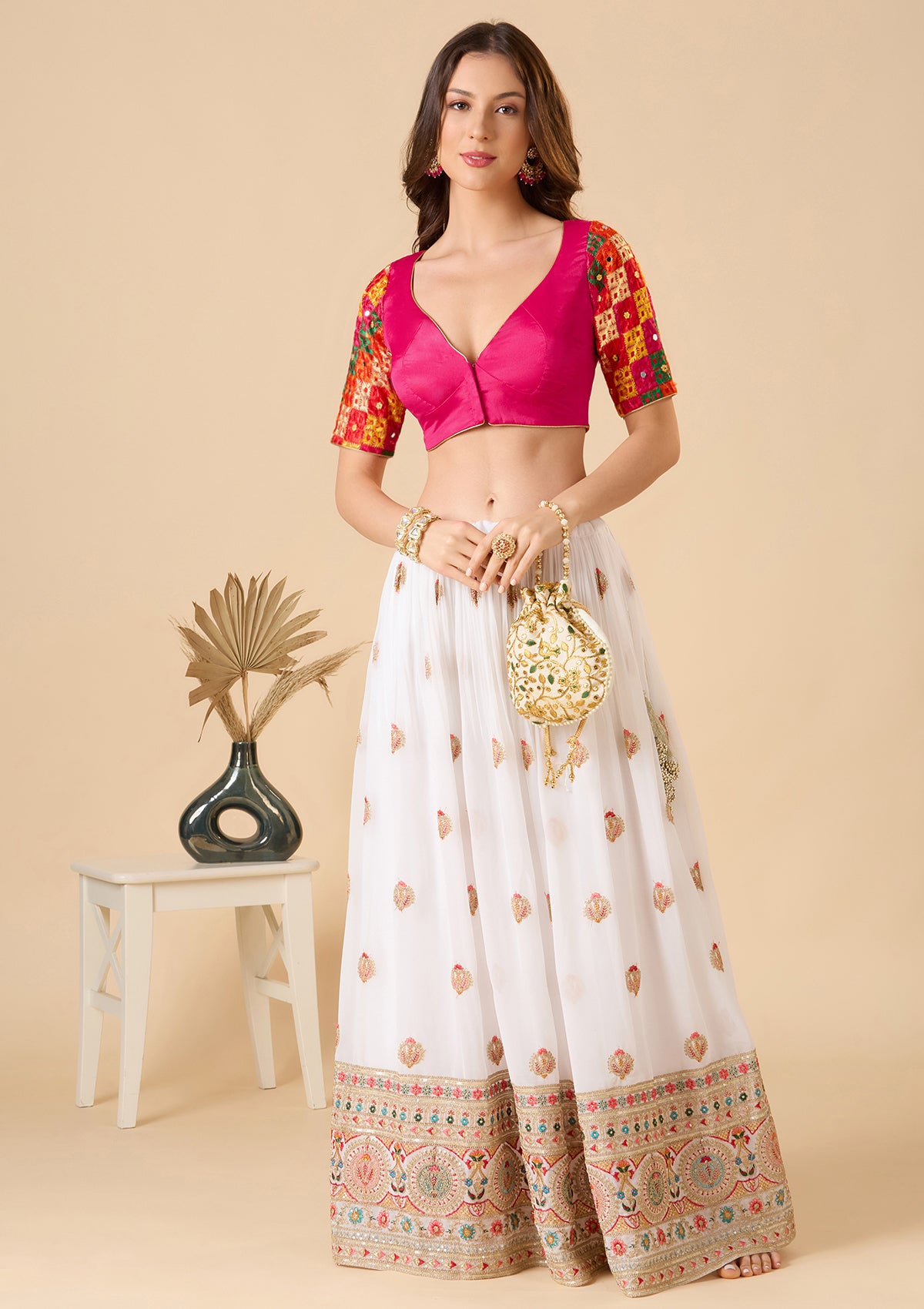 Pink Chinon Silk Sweetheart Neck Phulkari Readymade Blouse