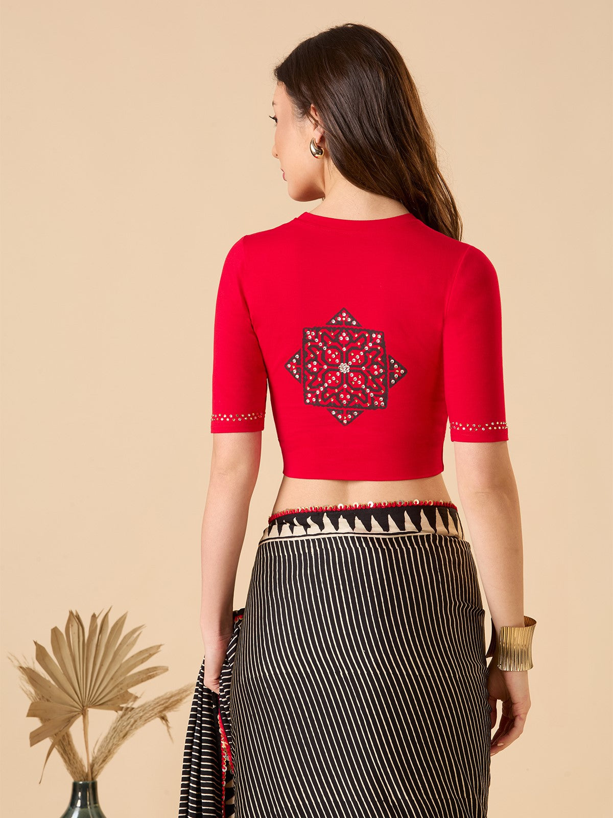 Red Cotton Lycra Close Neck Stretchable Readymade Blouse