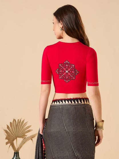 Red Cotton Lycra Close Neck Stretchable Readymade Blouse