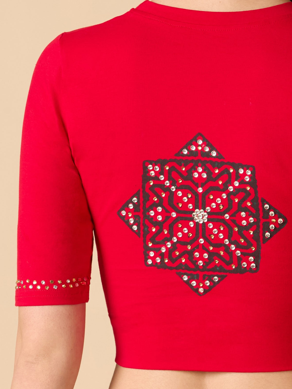 Red Cotton Lycra Close Neck Stretchable Readymade Blouse