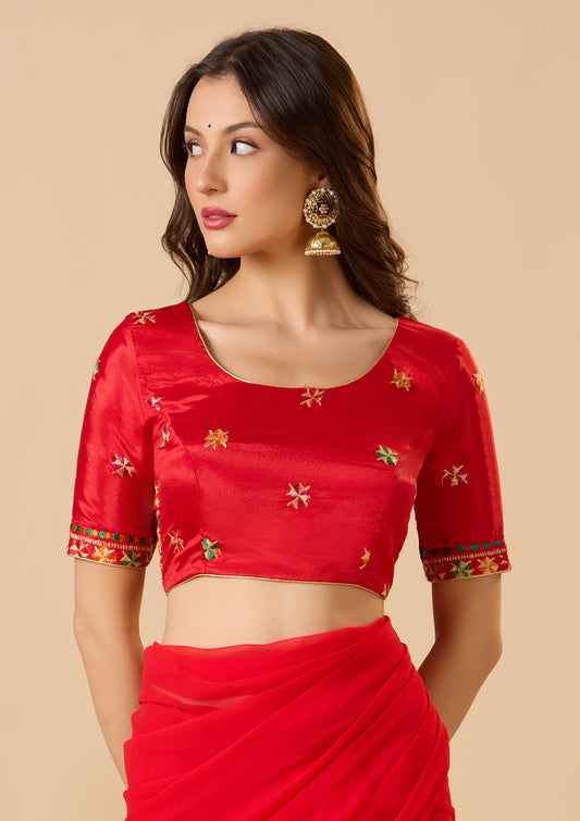 Red Chinon Silk Round Neck Phulkari Readymade Blouse