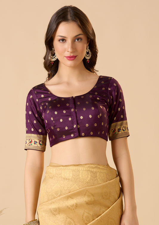 Purple Paithani Silk Round Neck Readymade Blouse