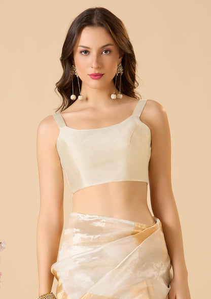 Off-White Taffeta Silk Sleeveless Readymade Blouse