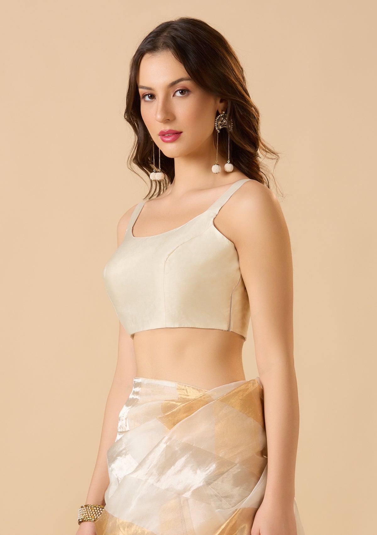 Off-White Taffeta Silk Sleeveless Readymade Blouse