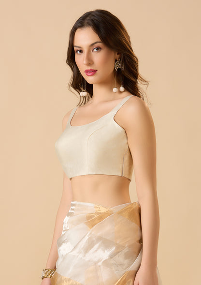 Off-White Taffeta Silk Sleeveless Readymade Blouse
