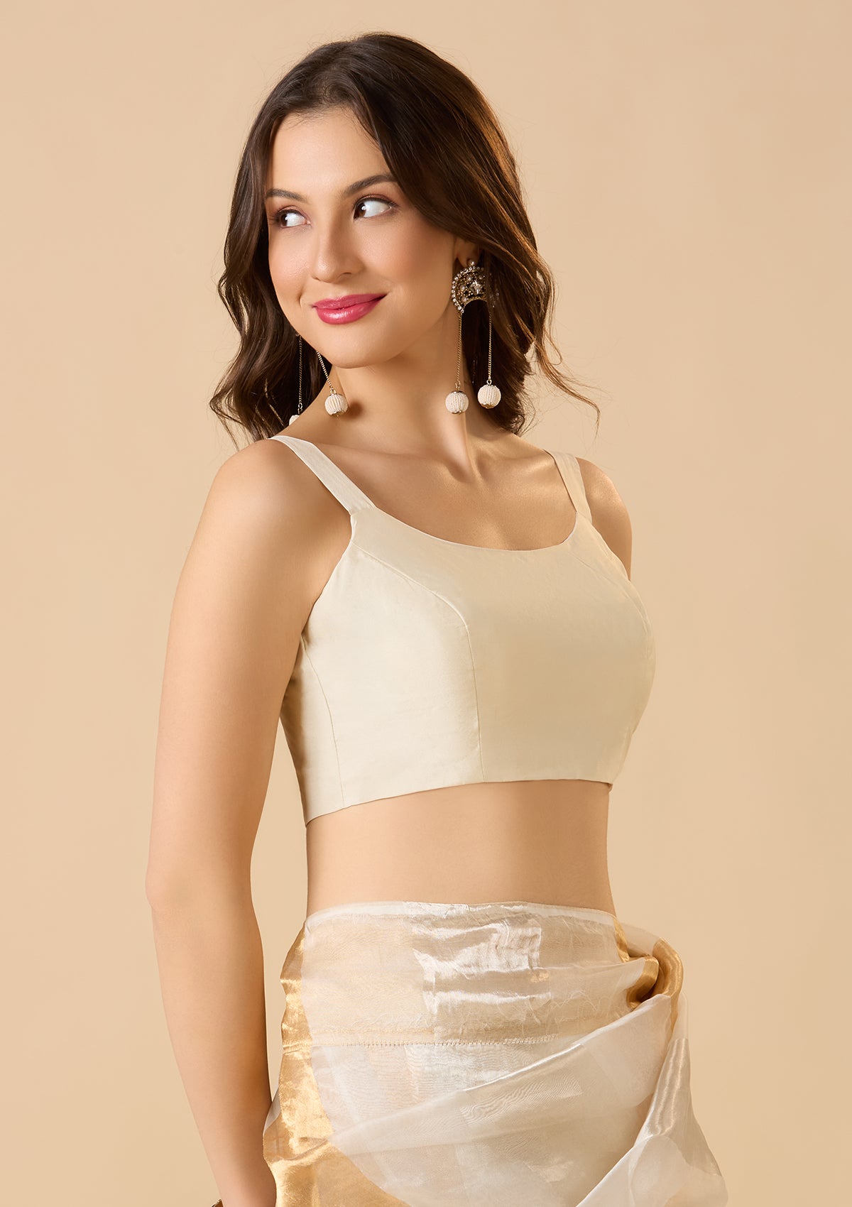 Off-White Taffeta Silk Sleeveless Readymade Blouse