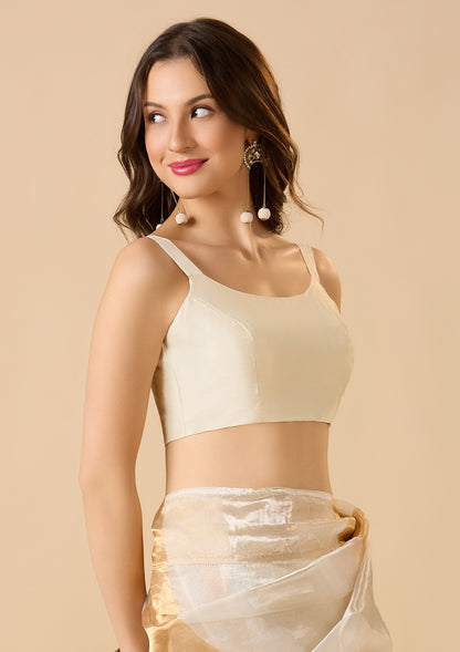 Off-White Taffeta Silk Sleeveless Readymade Blouse