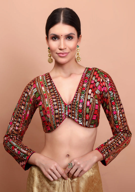 Wine Georgette Embroidered V Neck Readymade Blouse